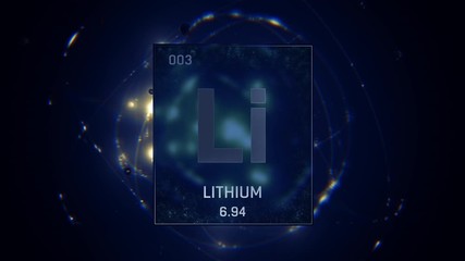 Canvas Print - Lithium as Element 3 of the Periodic Table. Seamlessly looping 3D animation on blue illuminated atom design background with orbiting electrons. Design shows name, atomic weight and element number