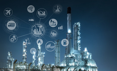 Industry 4.0 Oil refinery and double exposure icon concepts, networking and data exchange and modern technology for the world industrail.