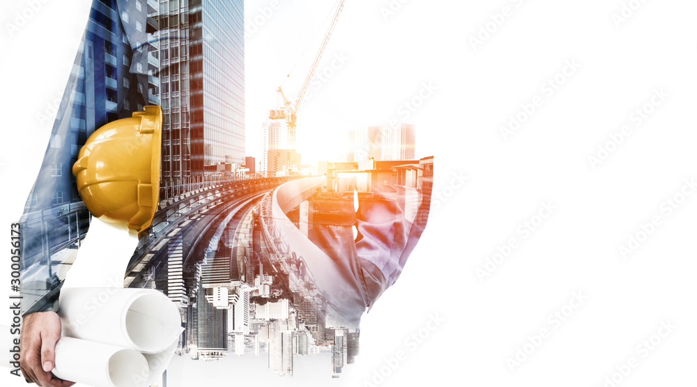 Future building construction engineering project concept with double exposure graphic design. Building engineer, architect people or construction worker working with modern civil equipment technology. - obrazy, fototapety, plakaty 