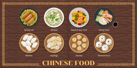 Wall Mural - Spring Rolls ,wonton soup,sweet sour pork,peking duck,dim sum,mantou,dumplings,shumai,steamed bun chinese food menu set collection vector graphic design