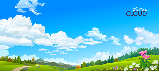 Wall Mural - Big blue skies over the landscape of flowers, meadows and forests