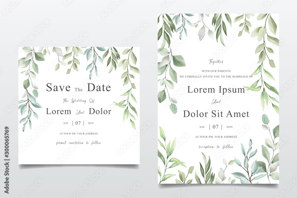 Elegant watercolor wedding invitation card with greenery leaves Stock ...