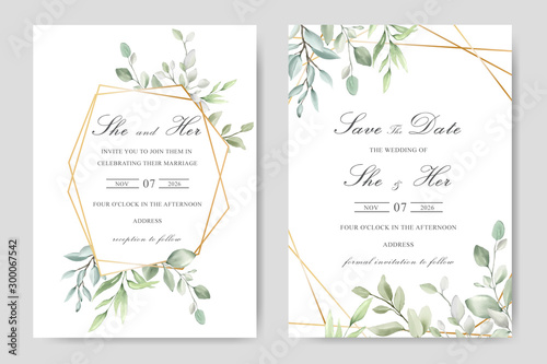 Cuadros en Lienzo Elegant watercolor wedding invitation card with greenery leaves