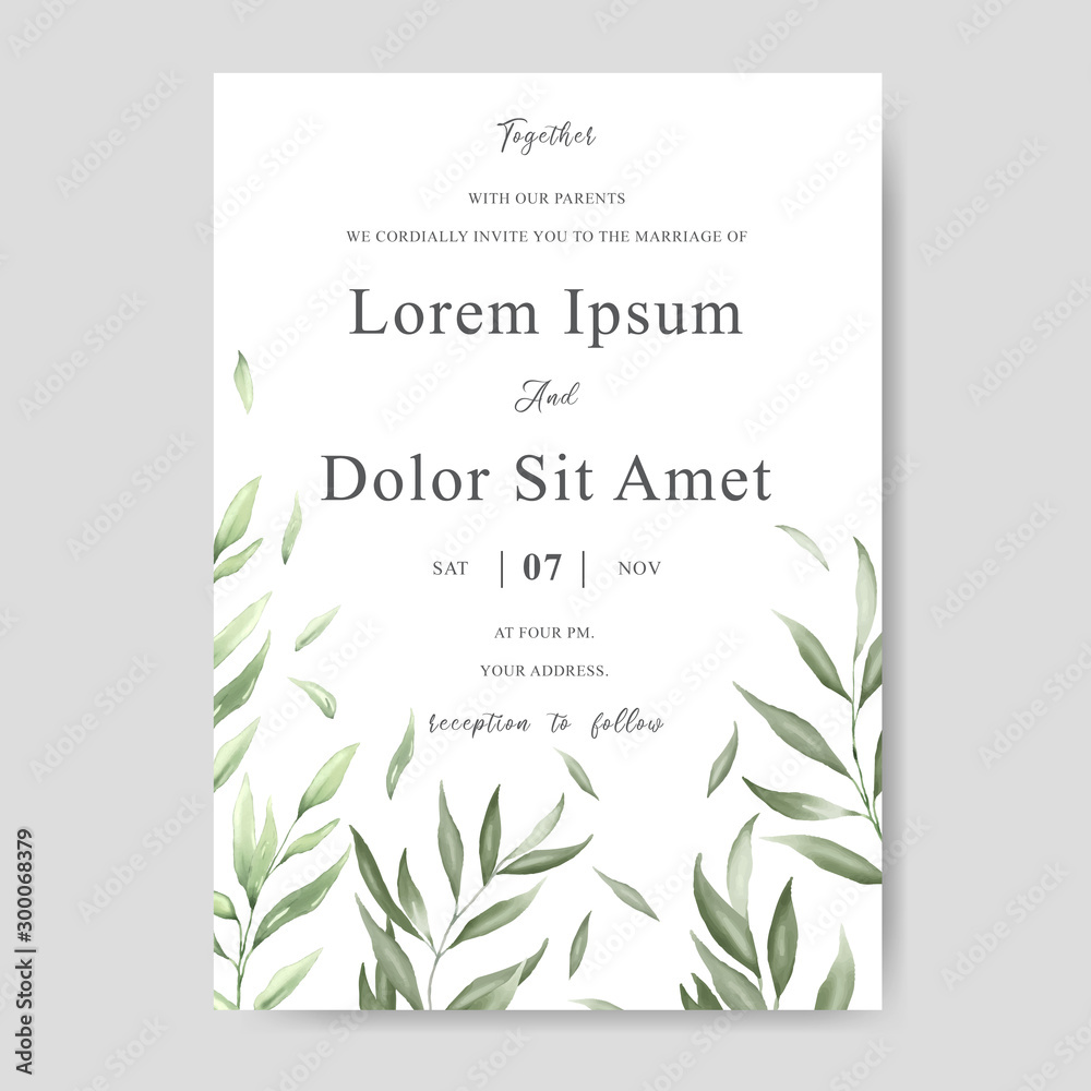 Elegant watercolor wedding invitation card with greenery leaves Stock ...