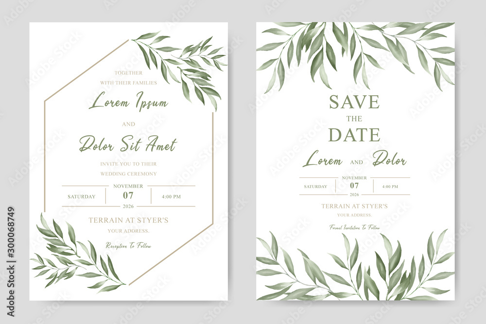 Elegant watercolor wedding invitation card with greenery leaves Stock ...