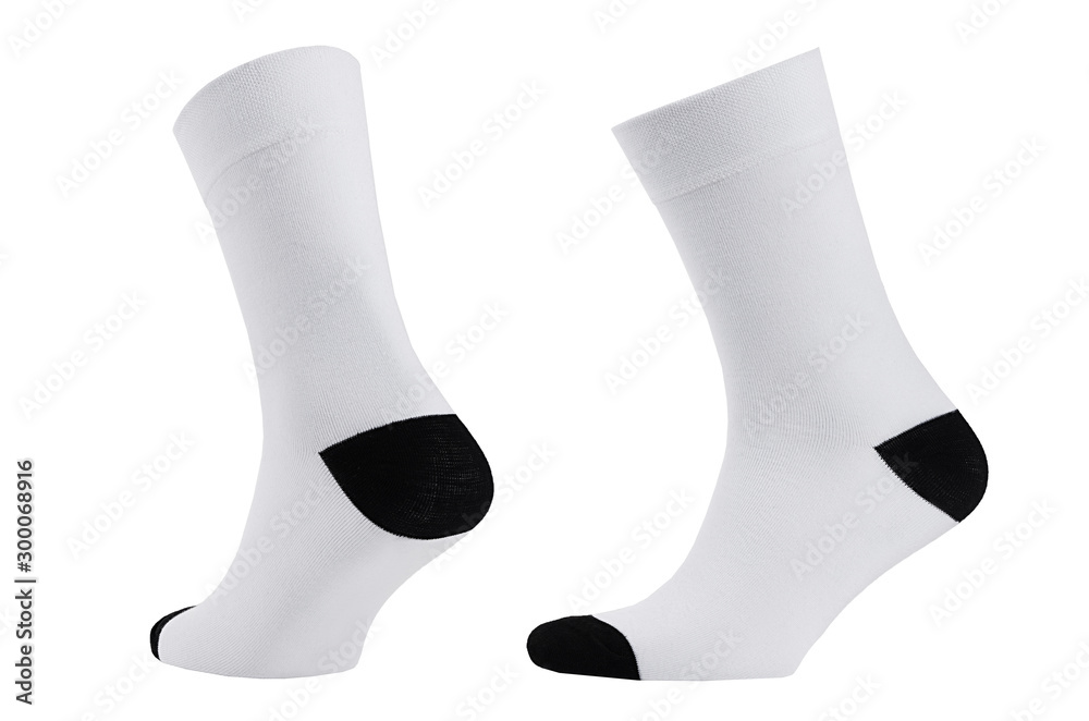 Blank white cotton long sock with black heel on invisible foot isolated on white background as mock up for advertising, branding, design, front side, side view, template. - obrazy, fototapety, plakaty 