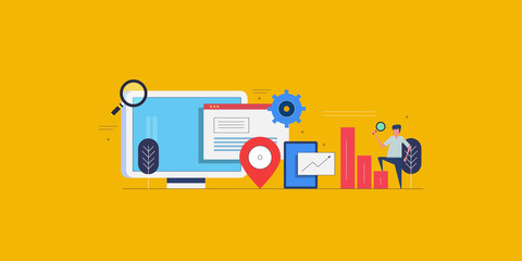 Wall Mural - Local seo strategy, local search marketing, ecommerce business, data analytic, internet technology concept with character. Web banner, template, presentation.