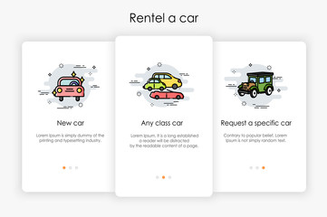 Wall Mural - Onboarding screens design in rentel a car concept. Modern and simplified vector illustration, Template for mobile apps.