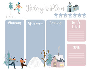 Wall Mural - cute today plan background with house,snow,people,tree.Vector illustration for kid and baby.Editable element