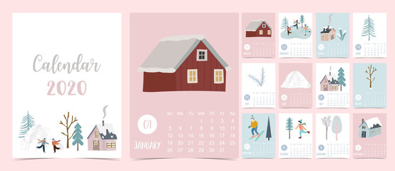 Wall Mural - Doodle winter calendar 2020 set with house,tree,mountain for children.Can be used for printable graphic.Editable element