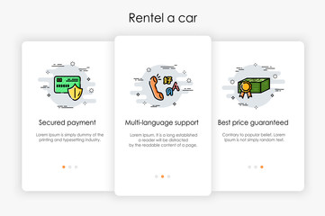 Wall Mural - Onboarding screens design in rentel a car concept. Modern and simplified vector illustration, Template for mobile apps.