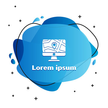 White Computer monitor and folded map with location marker icon isolated on white background. Abstract banner with liquid shapes. Vector Illustration
