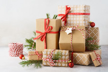 Christmas Background With Big Heap Of Gift Boxes And Decoration.