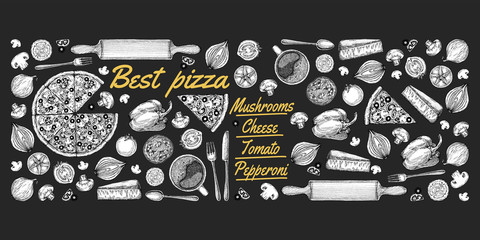 Vintage drawing, pizza, table, organic food ingredients. Hand drawn pizza illustration. Great for menu, poster or label.