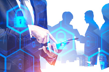 Poster - Man with tablet and team, cyber security interface