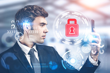 Poster - Man using smartphone with cyber security interface