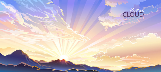 Wall Mural - the sun setting behind the mountains and emitting radiant rays of light.