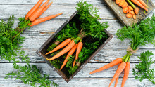 Fresh Carrots On A White Wooden Background. Top View. Free Space For Your Text.