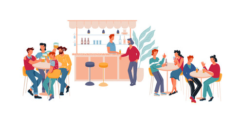 Restaurant or bar interior with cartoon people characters sitting at tables and drinking beer. Pub with visitors talking and toasting with alcoholic beverages. Flat vector illustration isolated.