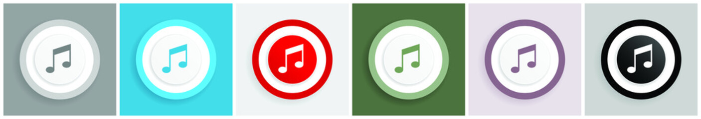 Fototapete - Music, sound, musical, melody icon set, colorful flat design vector illustrations in 6 options for web design and mobile applications