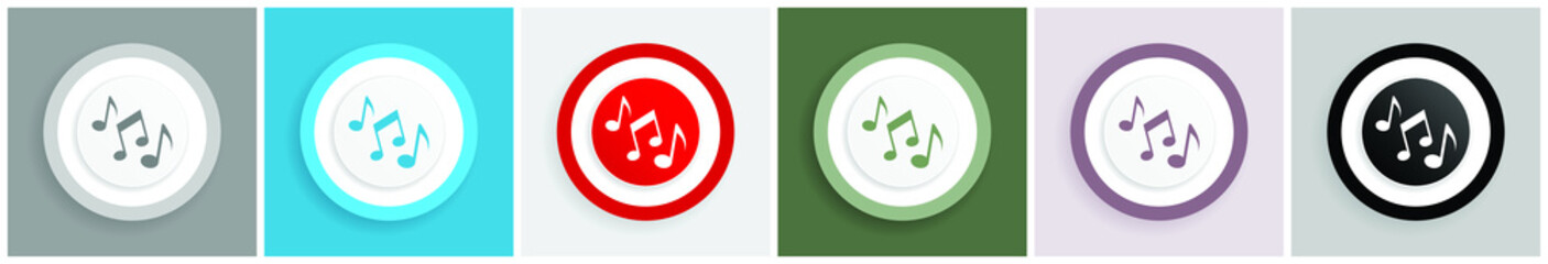 Aufkleber - Music, sound, musical, melody icon set, colorful flat design vector illustrations in 6 options for web design and mobile applications