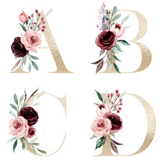 Poster - Floral gold alphabet, letters set with watercolor flowers roses and leaf. Monogram initials perfectly for wedding invitation, greeting card, logo, poster and other. Holiday design hand painting.