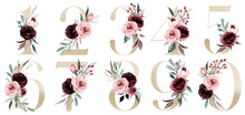 Gold Numbers Set With Watercolor Flowers Roses And Leaf. Perfectly For Wedding Invitation, Greeting Card, Logo, Poster And Other Floral Design. Hand Painting. Isolated On White Background. 