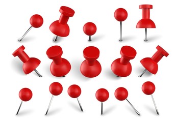 Realistic red push pins. Attach buttons on needles, pinned office thumbtack and paper push pin vector set. Stationery items. Paperwork equipment. Collection of secretary accessories on white