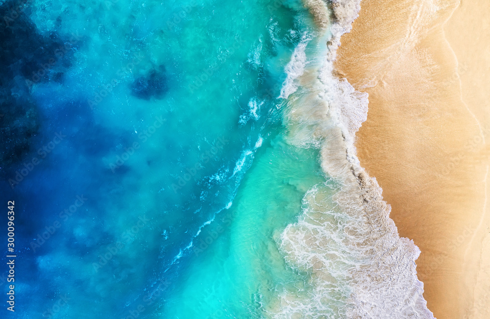 Coast and waves as a background from top view. Turquoise water background from top view. Summer seascape from air. Travel - image - obrazy, fototapety, plakaty 