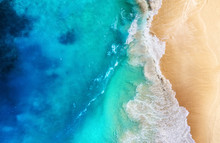Coast And Waves As A Background From Top View. Turquoise Water Background From Top View. Summer Seascape From Air. Travel - Image