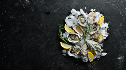 Oyster with lemon on ice. Seafood. Top view. On a black background. Free copy space.