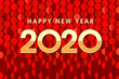 Happy new year 2020 banner and text design. Red, yellow and orange colors. Background trendy pattern of sequins, segments and circles. Vector greeting illustration with golden numbers.