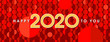Happy new year 2020 to you banner and text design. Red, yellow and orange colors. Background trendy pattern of sequins, segments and circles. Vector greeting illustration with golden numbers.