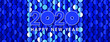 Happy new year 2020 banner and text design. Background trendy pattern of blue sequins, segments and circles. Vector greeting illustration with golden numbers.