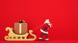Santa Claus drags a big gift with a golden sleigh on a red background