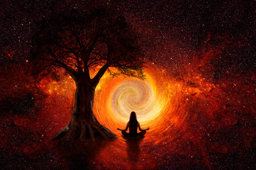 Wall Mural - woman in yoga poses in universe