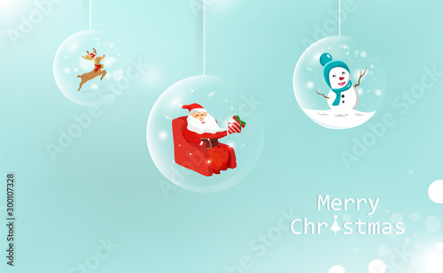 Merry Christmas, Glossy ball hanging decoration, Santa Claus with gift, reindeer Poster Mural XXL