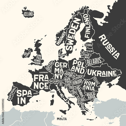 Fototapeta na szkło Europa, mapa. Plakatowa mapa Europy z nazwami krajów