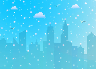 Wall Mural - snowfall winter christmas on city landscape background, blue sky with clouds, colorful falling snow 