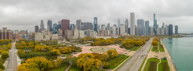 Wall Mural - Chicago downtown buildings skyline fall foliage aerial drone