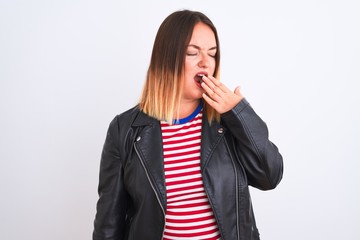 Poster - Young beautiful woman wearing striped shirt and jacket over isolated white background bored yawning tired covering mouth with hand. Restless and sleepiness.