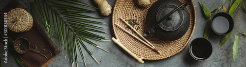 Fotografía Traditional Asian tea ceremony arrangement, flat lay