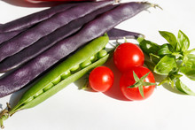 Three Red Cherry Tomatoes, A Green Pea Pod, Purple Bean Pods And Basil Leaves On A White Background With Contrasting Shadows