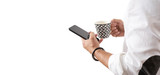 Fototapeta  - Męskie dłonie trzymają smartfon, telefon na białym tle