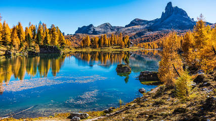 Golden reflections on the Federa lake. Dreamlike Dolomites. Italy