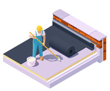 Vector Isometric Worker At Flat Roof Insulation