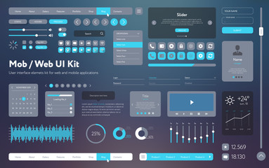 Fototapete - Vector UI UX kit for mobile applications and web sites. Universal user interface template with responsive design, tools and buttons. Flat menu icons and control elements on color background.
