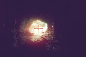 view from cave of three crosses on hill of calvary, crucifixion of Jesus Christ background, resurrection of easter concept