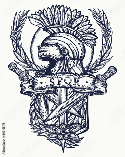 Spartan Helmet Roman Shield Crossed Swords And Laurel Wreath Ancient