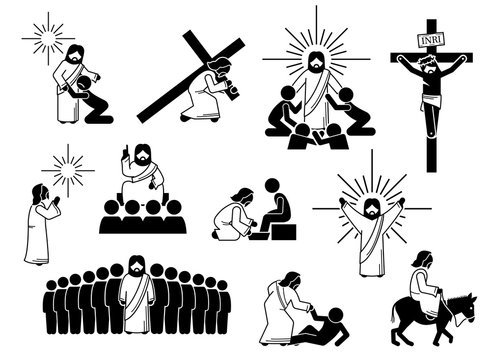Jesus Christ stick figure, icons and pictogram. Illustrations of Jesus Christ with people, cross, crucifixion, praying, worship, sacrifice, teaching disciples, and love.